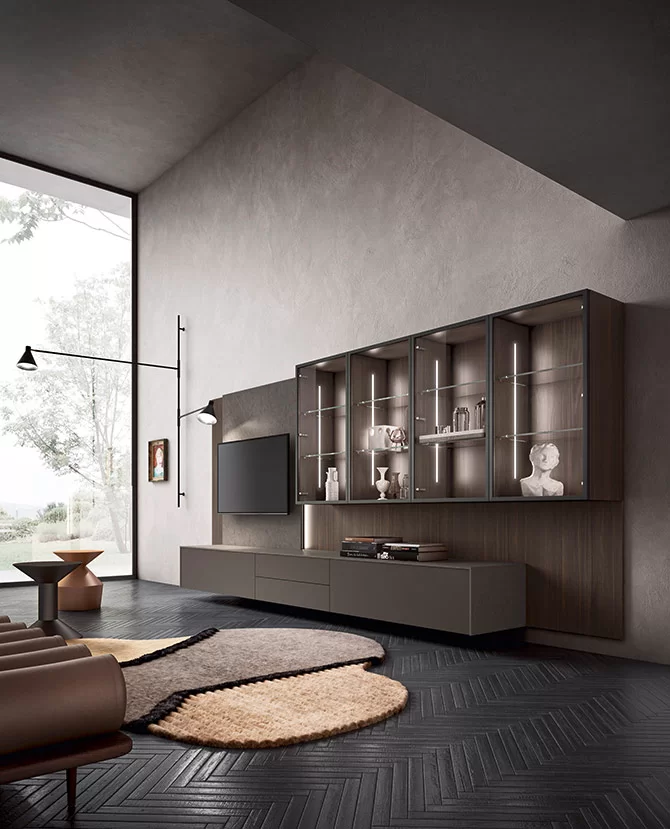 Luxury living solutions with illuminated glass cabinetry and integrated Italian media wall by Pedini Vancouver