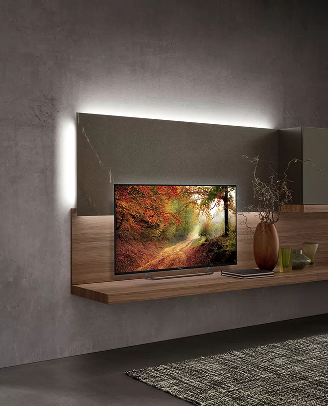 Modern living solutions featuring floating Italian media cabinetry and integrated architectural lighting by Pedini Vancouver